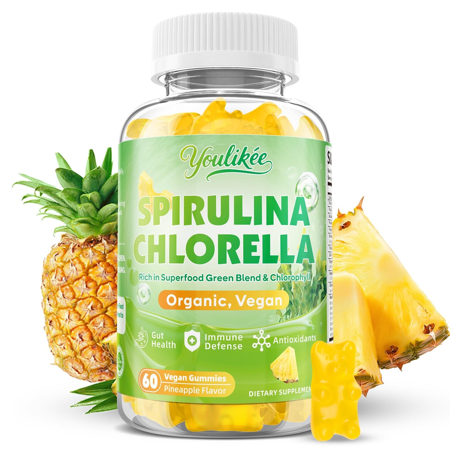 2 Pack Spirulina Chlorella Gummies, Supports Daily Energy & Immune System | Super Greens Blend with Protein, Chlorophyll, Vitamin C, D3, B12, Zinc, Pineapple Flavor, 120 Count