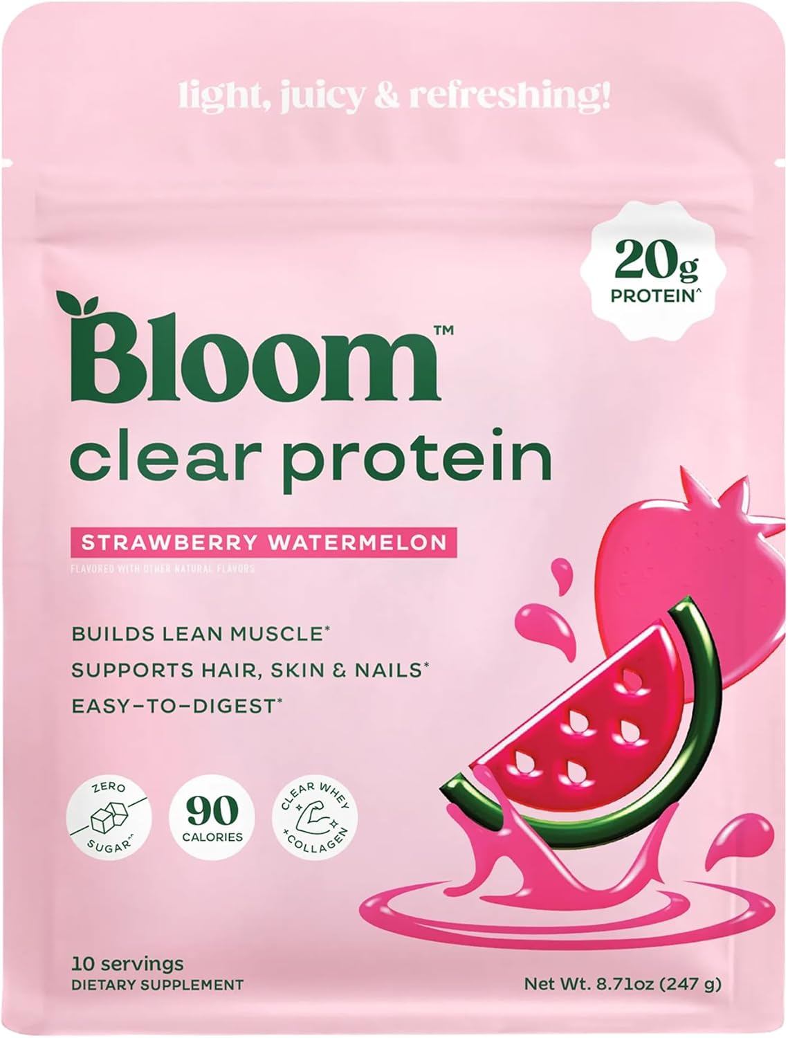 Bloom Nutrition Clear Whey Protein, Strawberry Watermelon, 10 Servings | Whey Protein Isolate with Collagen Peptides & Digestive Enzymes, 20g Protein, Sugar Free Post Workout Drink Mix, 90 Calories