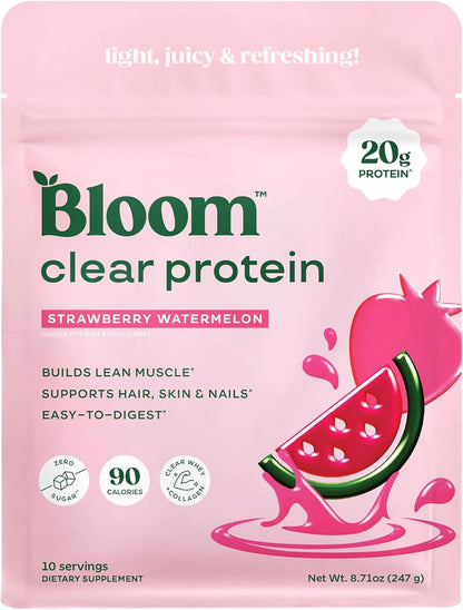 Bloom Nutrition Clear Whey Protein, Strawberry Watermelon, 10 Servings | Whey Protein Isolate with Collagen Peptides & Digestive Enzymes, 20g Protein, Sugar Free Post Workout Drink Mix, 90 Calories