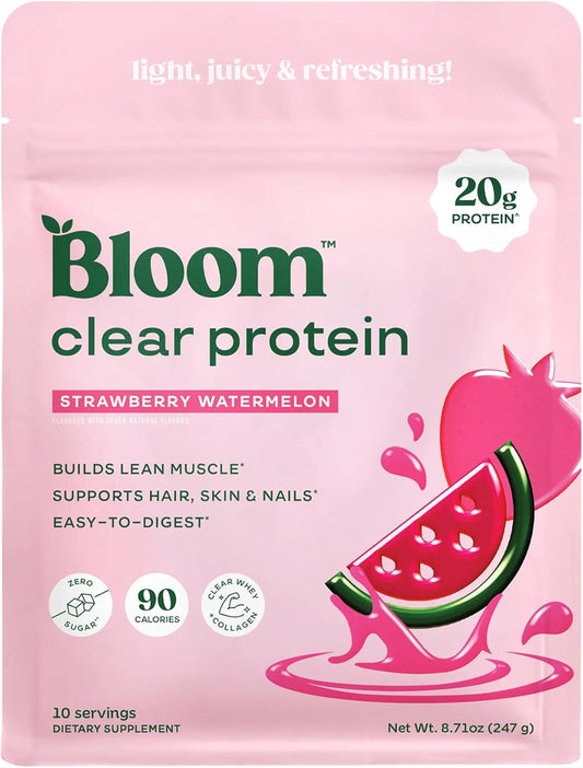 Bloom Nutrition Clear Whey Protein, Strawberry Watermelon, 10 Servings | Whey Protein Isolate with Collagen Peptides & Digestive Enzymes, 20g Protein, Sugar Free Post Workout Drink Mix, 90 Calories