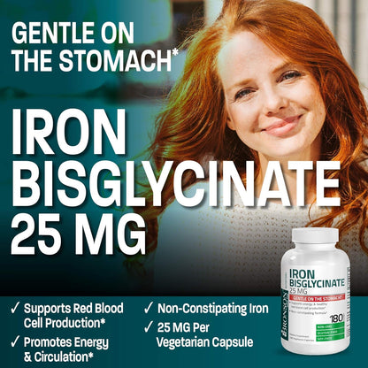 Bronson Iron Bisglycinate 25 mg, 90 Vegetarian Capsules | Gentle on the Stomach, Non-Constipating, Supports Energy & Red Blood Cell Production, Non-GMO, Gluten-Free & Soy-Free