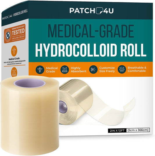 Hydrocolloid Roll for Wound Care, Hydrocolloid Patch Bandages | Self-Adhesive, Bed Sore Bandages, Highly Absorbent For Burn, Blister, Acne Care, Sterile And Waterproof (2in X 12ft)
