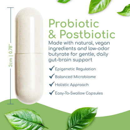 Double Butyrate Gut Health Supplement | Probiotic & Postbiotic Digestive Supplements for Gut Support | Enhances Immune, Brain, & Nervous System Function | Odor-Free Formula | 120 caps