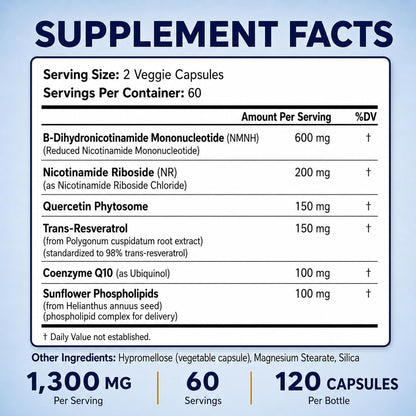 Happee Liposomal NMNH Supplement 1300mg (NMN Alternative) NAD+ | 120 Caps | 6-in-1 NAD+ Formula | Reduced Nicotinamide Mononucleotide (NMNH), Resveratrol, NR, CoQ10 | Cellular Energy & Healthy Aging