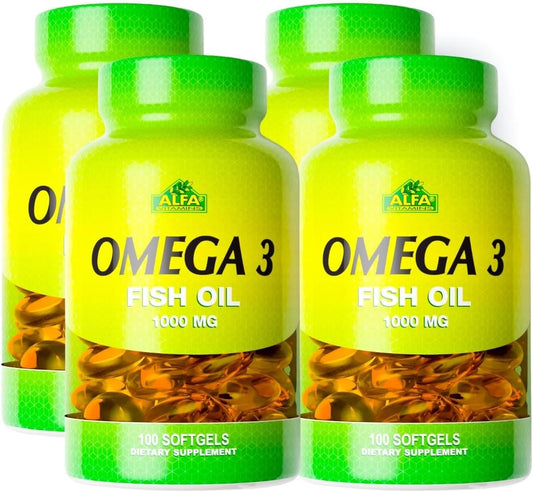 ALFA VITAMINS Omega 3 Fish Oil 1000mg Supplement, Supports Heart Health, Brain Function, Joint Mobility & Skin Hydration, 300mg Omega-3, 180mg EPA, 120mg DHA, 100 Softgels per Bottle, 4 Pack