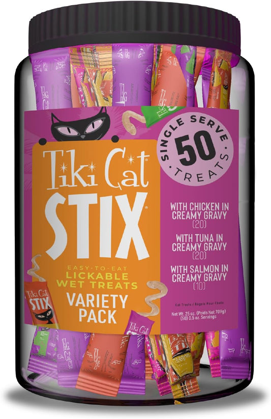 Tiki Cat Stix Mousse Treats, Single Serve Indulgent Lickable Treat or Dry Food Topper, Variety Mega Jar, 0.5 oz. Servings (50 Count)