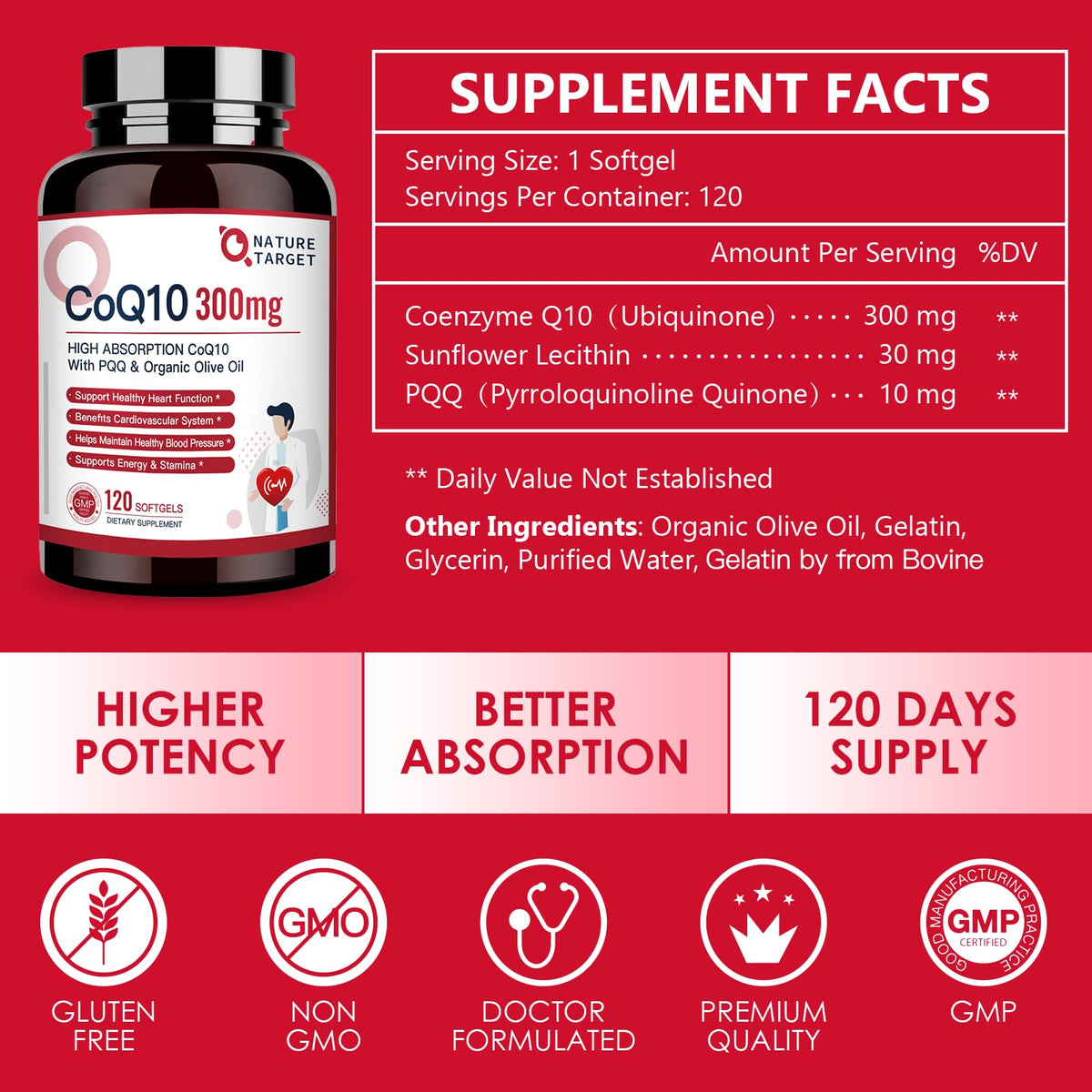 NATURE TARGET CoQ10-300mg-Softgels + PQQ with Organic-Olive-Oil - High Absorption