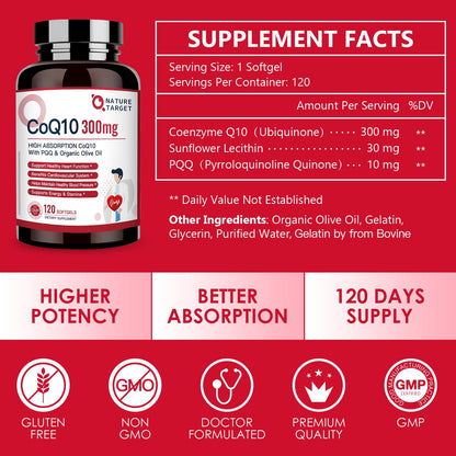 NATURE TARGET CoQ10-300mg-Softgels + PQQ with Organic-Olive-Oil - High Absorption