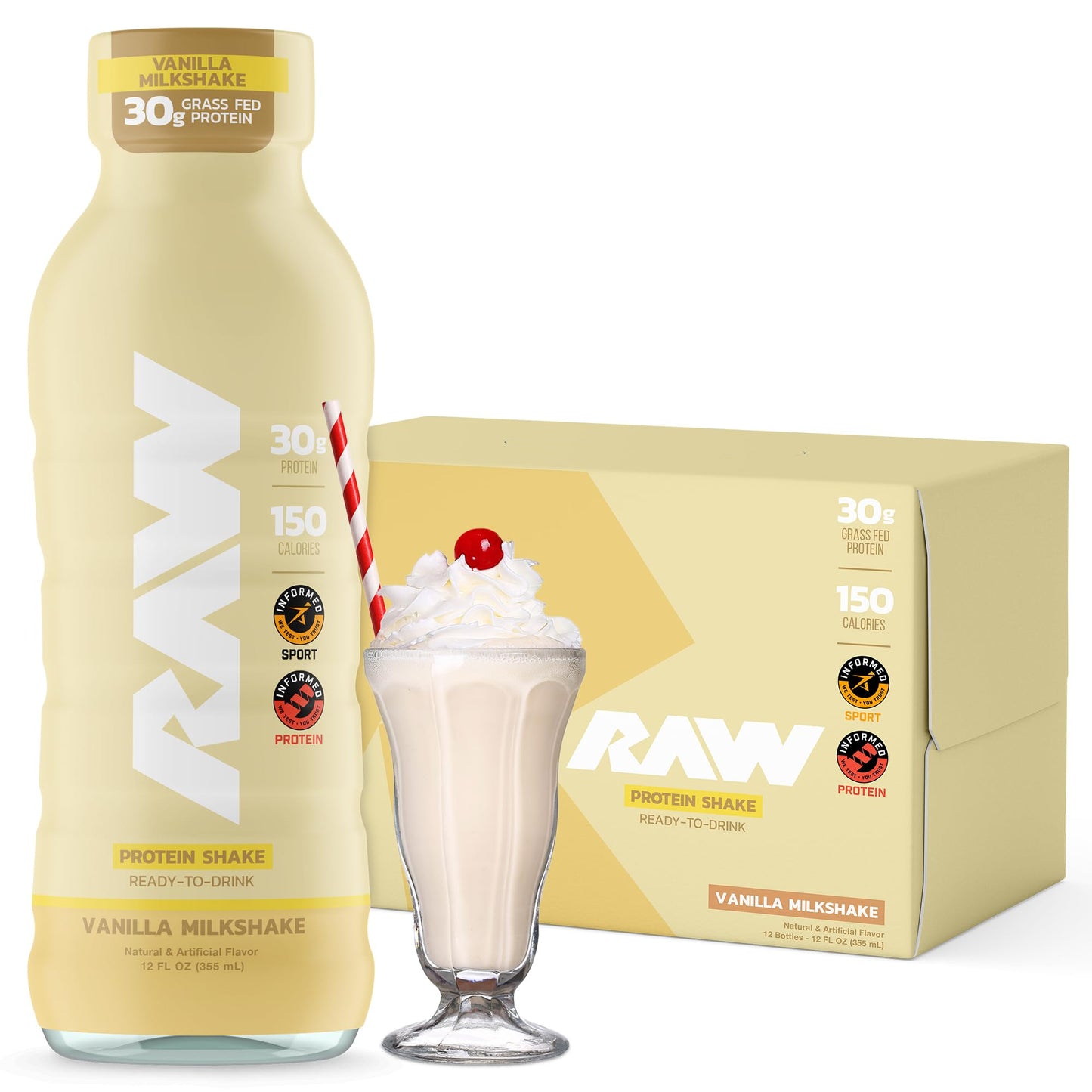 RAW Ready-to-Drink Protein Shake, Strawberry - RTD Protein Drinks with Grass-Fed Whey Protein Isolate for Post-Workout - Zero-Sugar & Gluten-Free Meal Replacement Drink & Breakfast Shake, 12 Fl Oz