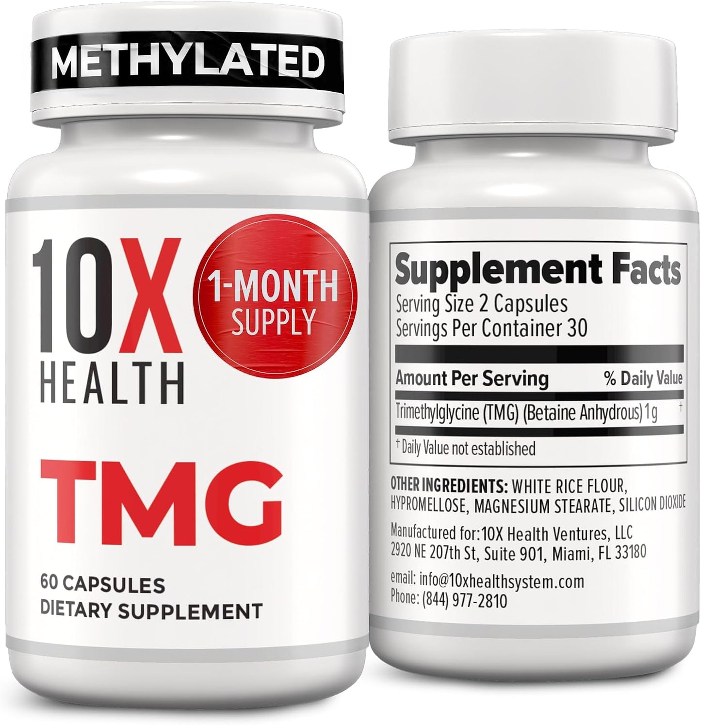 10X Health Tmg Supplements - 60 Capsules | Trimethylglycine: Betaine Anhydrous, Liver & Heart Support, Non-GMO & Gluten-Free
