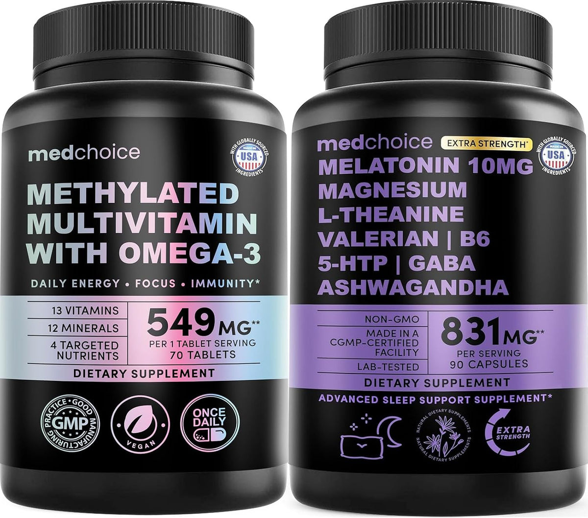29-in-1 Methylated Multivitamin for Men & Women with Omega 3, Active B12, 5-MTHF Folate (70ct) & 12-in-1 Melatonin Sleep Extra Strength with 10mg Melatonin, Magnesium, Ashwagandha, GABA, (90ct)