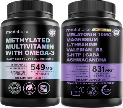 29-in-1 Methylated Multivitamin for Men & Women with Omega 3, Active B12, 5-MTHF Folate (70ct) & 12-in-1 Melatonin Sleep Extra Strength with 10mg Melatonin, Magnesium, Ashwagandha, GABA, (90ct)