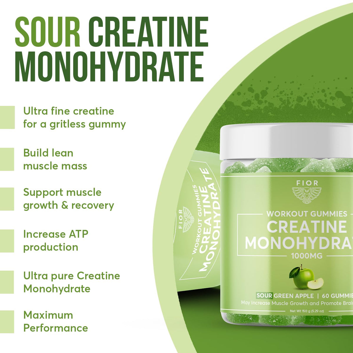 FIOR Creatine Gummy - Best Creatine Monohydrate Chewable, 60 Count, Workout