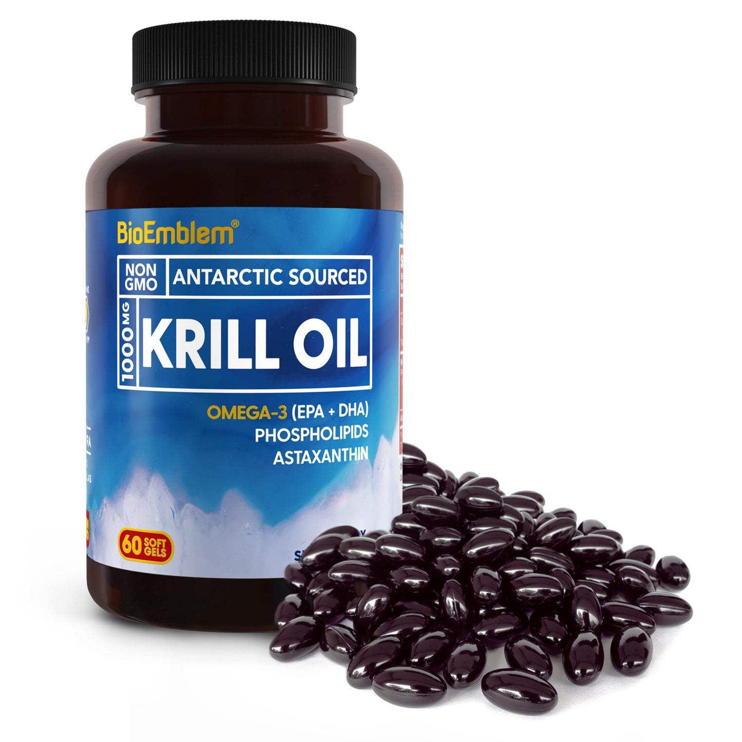 BioEmblem Antarctic Krill Oil Supplement | 1000mg Per Serving | Omega-3 Oil with High Levels of EPA + DHA, Astaxanthin, and Phospholipids | No Fishy Aftertaste | 60-Count Non-GMO Softgels