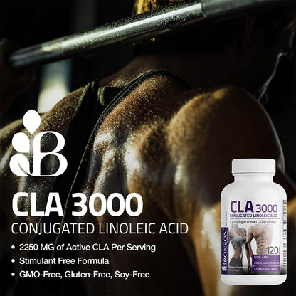 Bronson CLA 3000 Extra High Potency Supports Healthy Weight Management Lean Muscle Mass Non-Stimulating Conjugated Linoleic Acid 120 Softgels | 2250 mg Active CLA per Serving, Non-Stimulating, 100% Safflower Oil, Lean Body Mass Support, Non-GMO