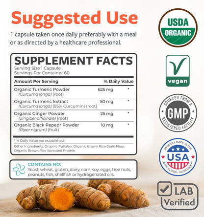 Organic Turmeric Ginger Black Pepper Supplement - High Potency Organic Turmeric Curcumin Capsules with Ginger & Black Pepper for Enhanced Benefits and Absorption - Vegan & Non-GMO (2 Month Supply)
