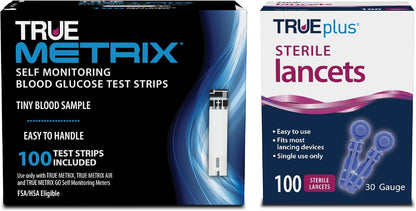 TRUE METRIX Glucose Test Strips 100 Count, TRUEplus 30G Lancets 100 Count | Blood Glucose Test Strips and Lancets, Compatible with TRUE METRIX Family of Self Monitoring Blood Glucose Meters