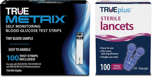 TRUE METRIX Glucose Test Strips 100 Count, TRUEplus 30G Lancets 100 Count | Blood Glucose Test Strips and Lancets, Compatible with TRUE METRIX Family of Self Monitoring Blood Glucose Meters
