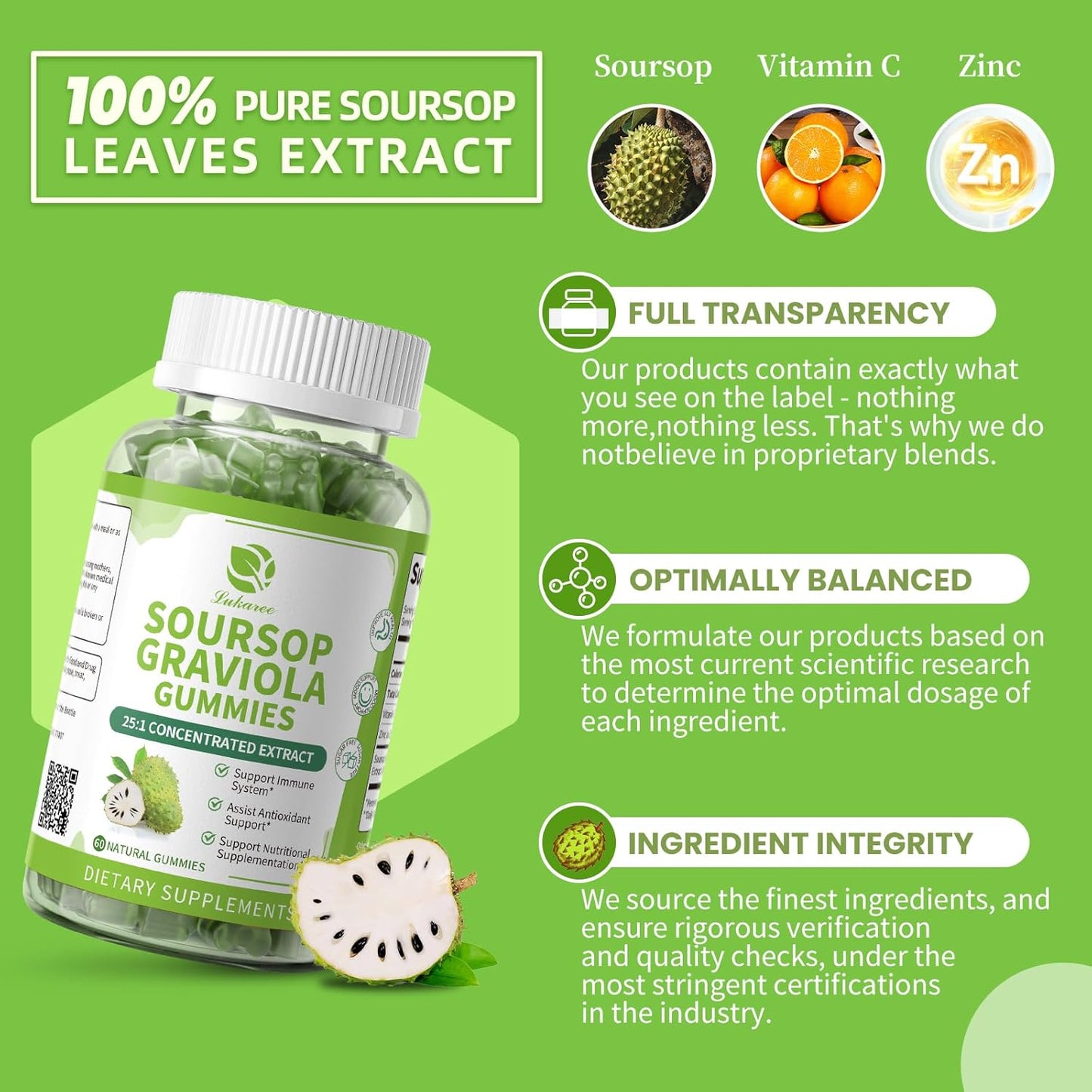 (2 Pack) Soursop Gummies - Soursop Leaves Concentrated Extract for Immune | Herbal Extracts w/Vitamin C, Zinc & Natural Food for Liver, Calming & Antioxidant, Sugar Free, Gluten Free, Vegan, 60 Gummies