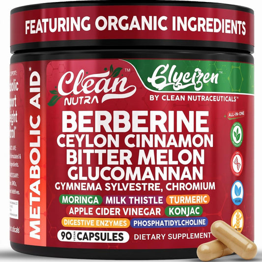 Clean Nutra Berberine and Ceylon Cinnamon Supplement Bitter Melon Glucomannan Gymnema Sylvestre Chromium Moringa Milk Thistle Turmeric Apple Cider Vinegar Digestive Enzymes Inositol Pills 90 Capsules