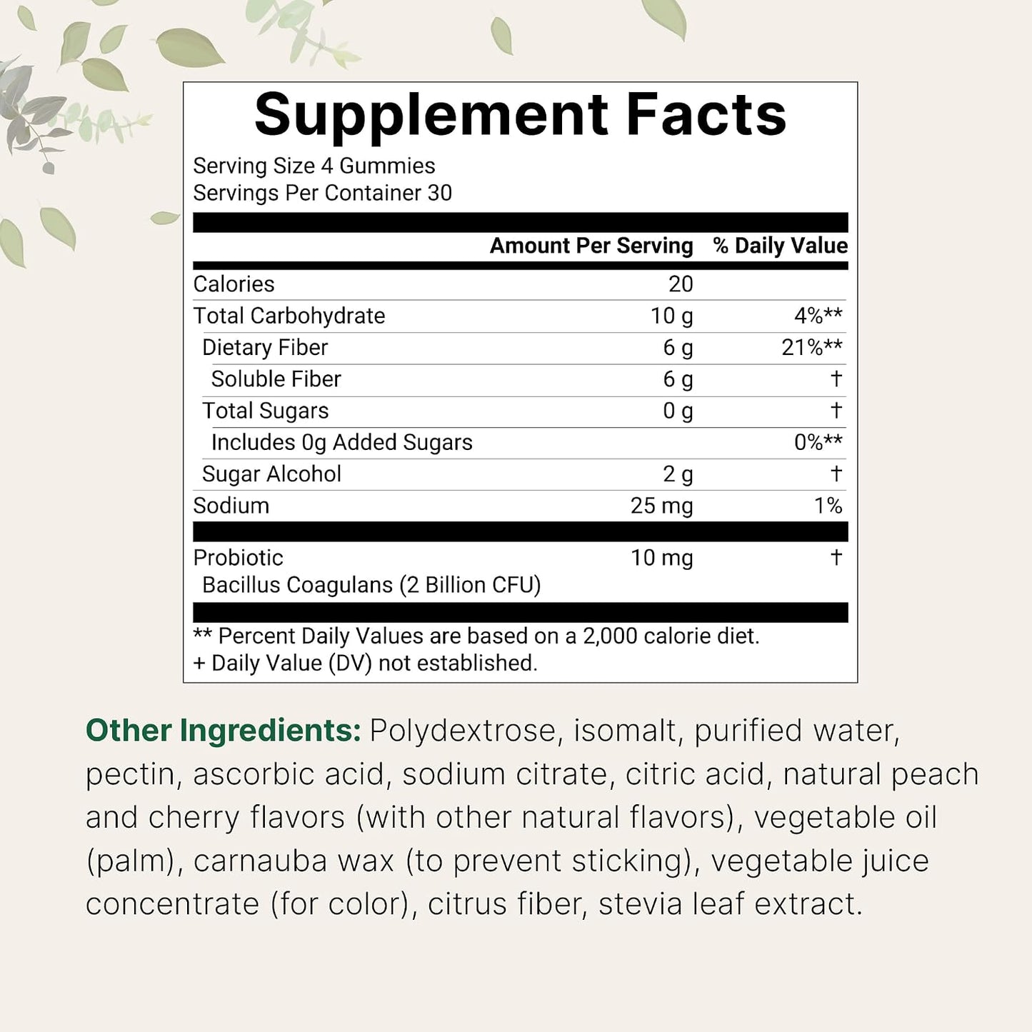 Micro Ingredients Fiber Gummies with Probiotics, 120 Count | 6g Per Serving + 2 Billion CFU | Sugar Free Peach Cherry Flavor | High Fiber Supplement for Women & Men | Non-GMO, Gluten Free