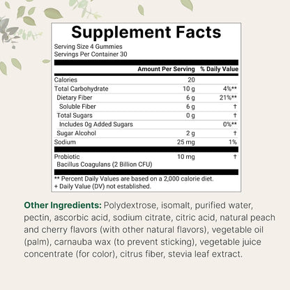Micro Ingredients Fiber Gummies with Probiotics, 120 Count | 6g Per Serving + 2 Billion CFU | Sugar Free Peach Cherry Flavor | High Fiber Supplement for Women & Men | Non-GMO, Gluten Free