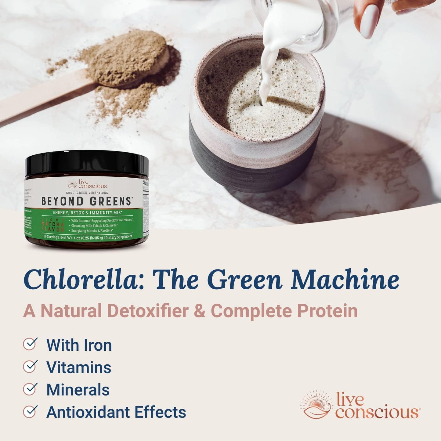 Live Conscious Beyond Greens & Collagen Peptides Peach Mango| Mushroom Coffee Alternative Low Caffeine + Hair, Skin, Nail, and Joint Support