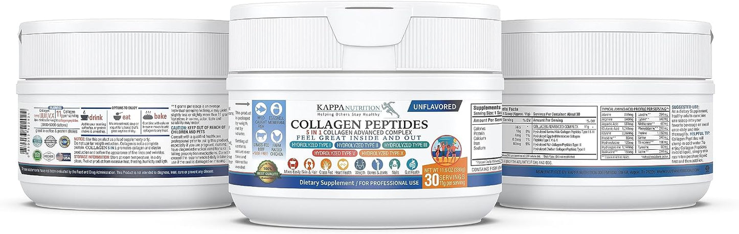 KAPPA NUTRITION Collagen Peptides Powder, 5 in 1 Multi-Collagen Advanced Complex with Hydrolyzed Collagen Peptides, Supports Skin, Hair, Nails, Joints & Bones / 30 Servings