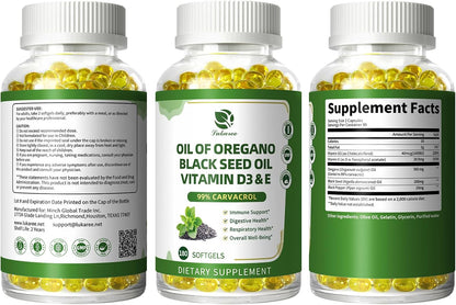 Oregano Oil Softgels with Black Seed Oil, 99% Carvacrol, 180 Ct, 3 Month | 5-in-1 with Vitamin D3 E Black Pepper, Immune, Respiratory, Digestive & Antioxidant*, Ultra-Concentrated, Easy to Swallow