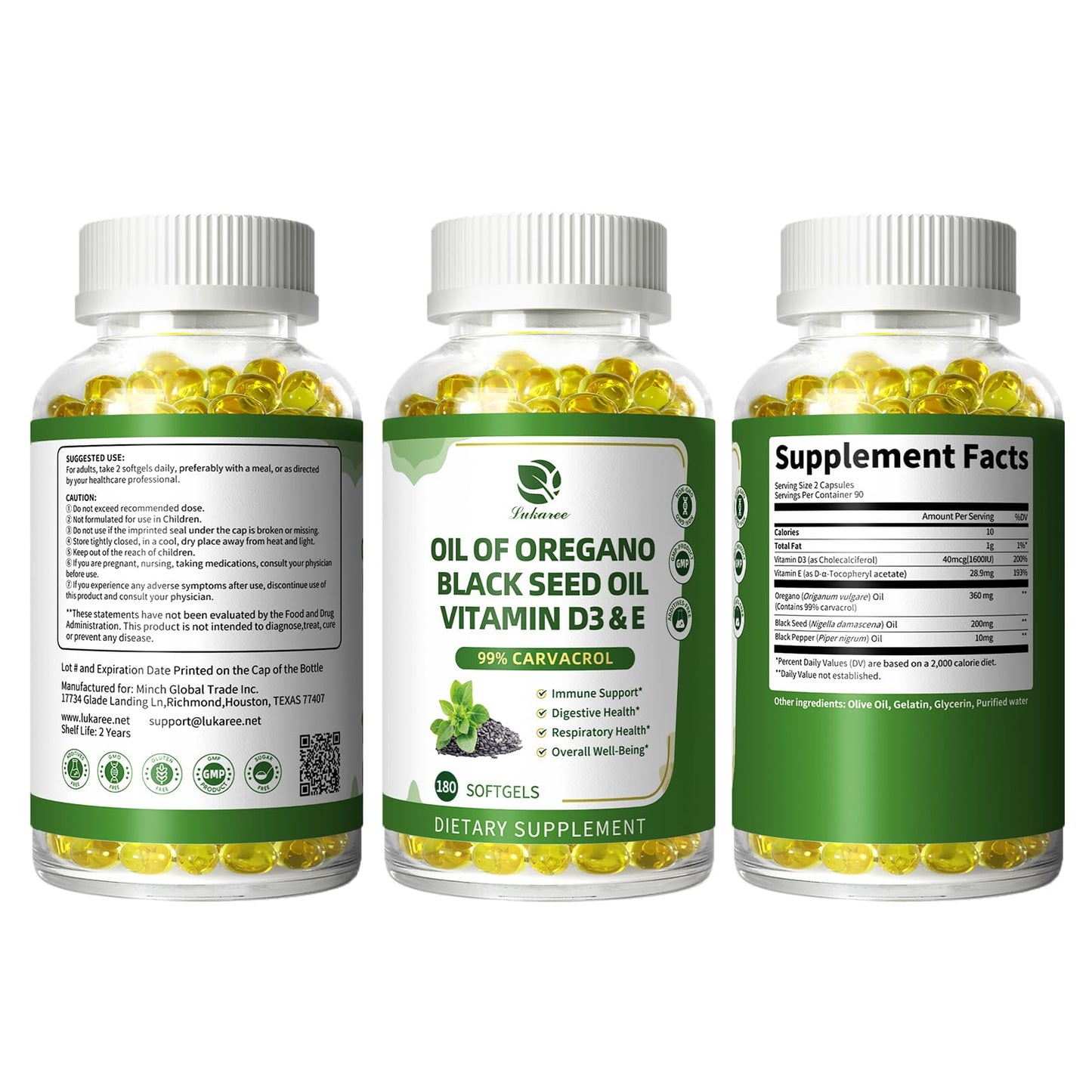 Oregano Oil Softgels with Black Seed Oil, 99% Carvacrol, 180 Ct, 3 Month | 5-in-1 with Vitamin D3 E Black Pepper, Immune, Respiratory, Digestive & Antioxidant*, Ultra-Concentrated, Easy to Swallow