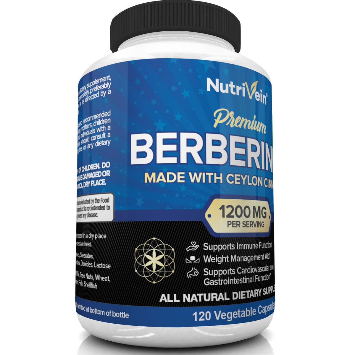 Nutrivein Premium Berberine HCL 1200mg Plus Organic Ceylon Cinnamon - 120 Capsules