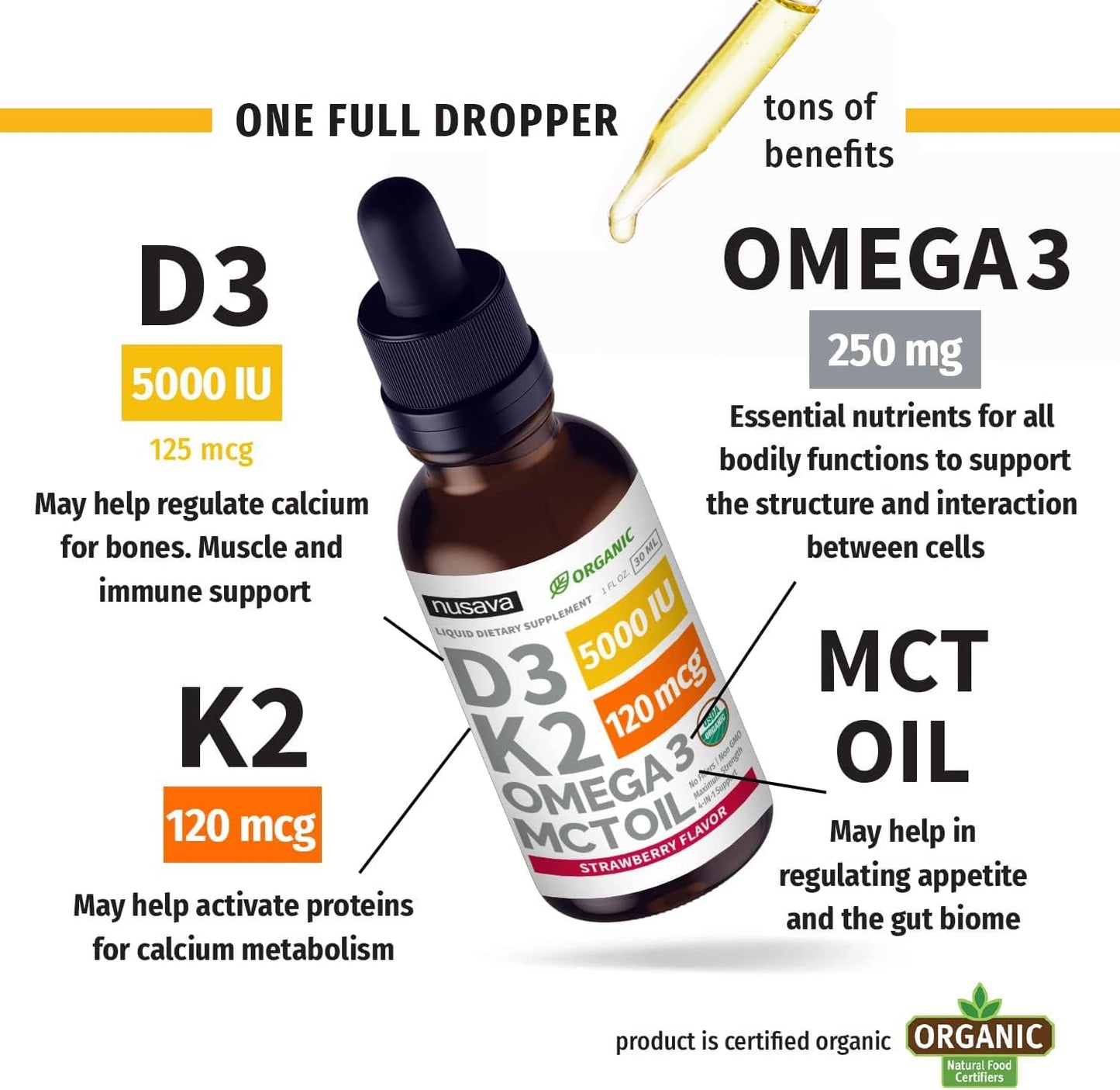 NUSAVA Strawberry Flavored D3 K2 Liquid Drops and Vanilla Flavored D3 K2 Liquid Drops Bundle - Potent Liquid Vitamins for Heart, Joint, Bone, Muscle, & Immune Support - Non-GMO, Gluten-Free, 2pk Each