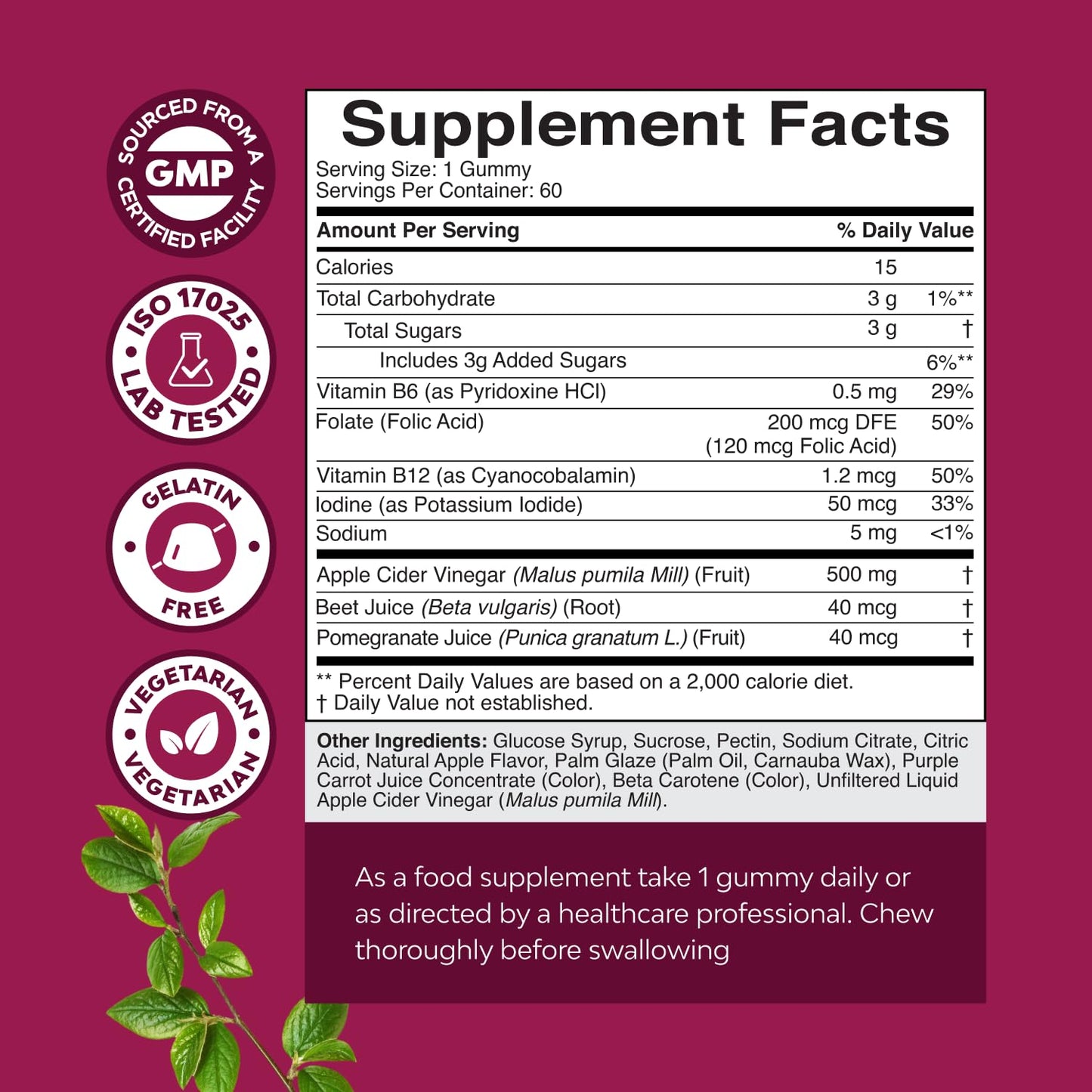 Apple Cider Vinegar Gummies with Mother - Cleanse & Detox ACV Gummies for Weight Loss, Gut Health, Bloating, Metabolism & Energy Support - ACV with Mother with B12 Vitamin, B6 & Pomegranate - 60 Ct