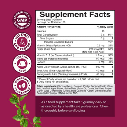 Apple Cider Vinegar Gummies with Mother - Cleanse & Detox ACV Gummies for Weight Loss, Gut Health, Bloating, Metabolism & Energy Support - ACV with Mother with B12 Vitamin, B6 & Pomegranate - 60 Ct