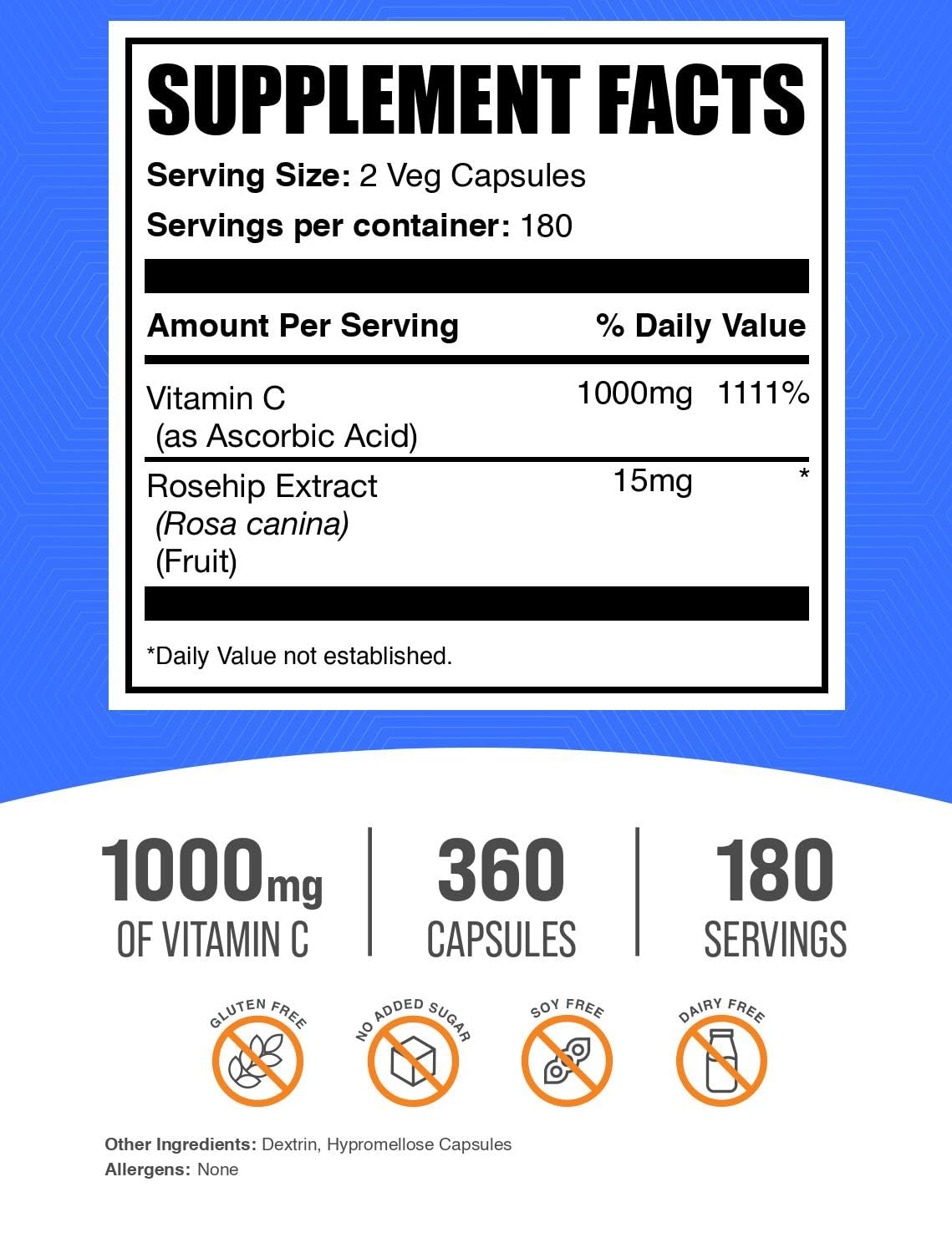 BulkSupplements.com Vitamin C with Rose Hips Capsules - Ascorbic Acid Supplemnet, Rose Hips for Immune Support - Vegan, 2 Capsules per Serving (1000mg), 360 Count (Pack of 1)