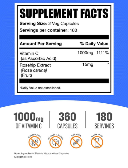 BulkSupplements.com Vitamin C with Rose Hips Capsules - Ascorbic Acid Supplemnet, Rose Hips for Immune Support - Vegan, 2 Capsules per Serving (1000mg), 360 Count (Pack of 1)