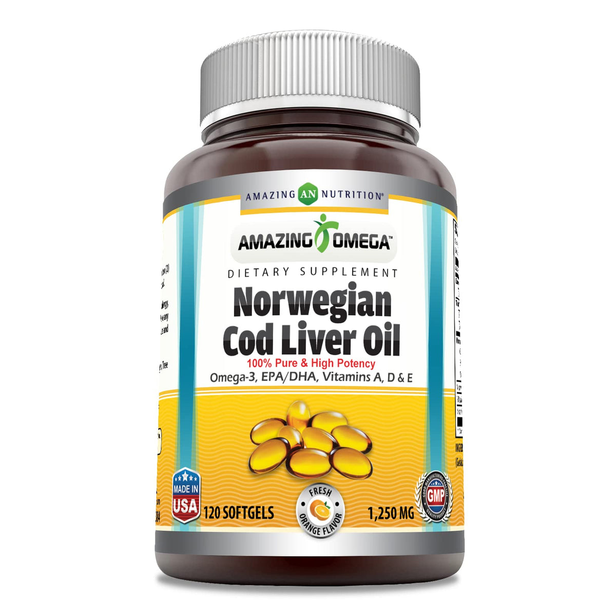 Amazing Omega Norwegian Cod Liver Oil 1250 Mg Softgels Supplement | Omega-3, EPA, DHA, Vitamin A, Vitamin D & Vitamin E (Lemon | 120 Count)