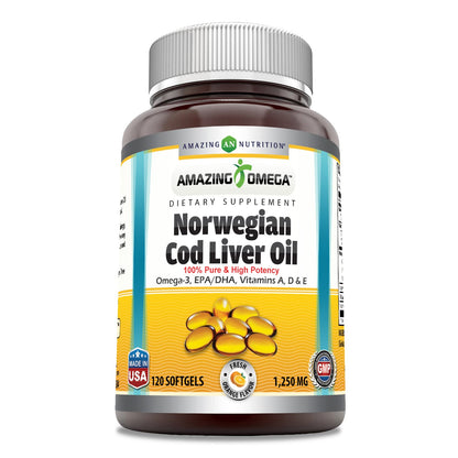 Amazing Omega Norwegian Cod Liver Oil 1250 Mg Softgels Supplement | Omega-3, EPA, DHA, Vitamin A, Vitamin D & Vitamin E (Lemon | 120 Count)