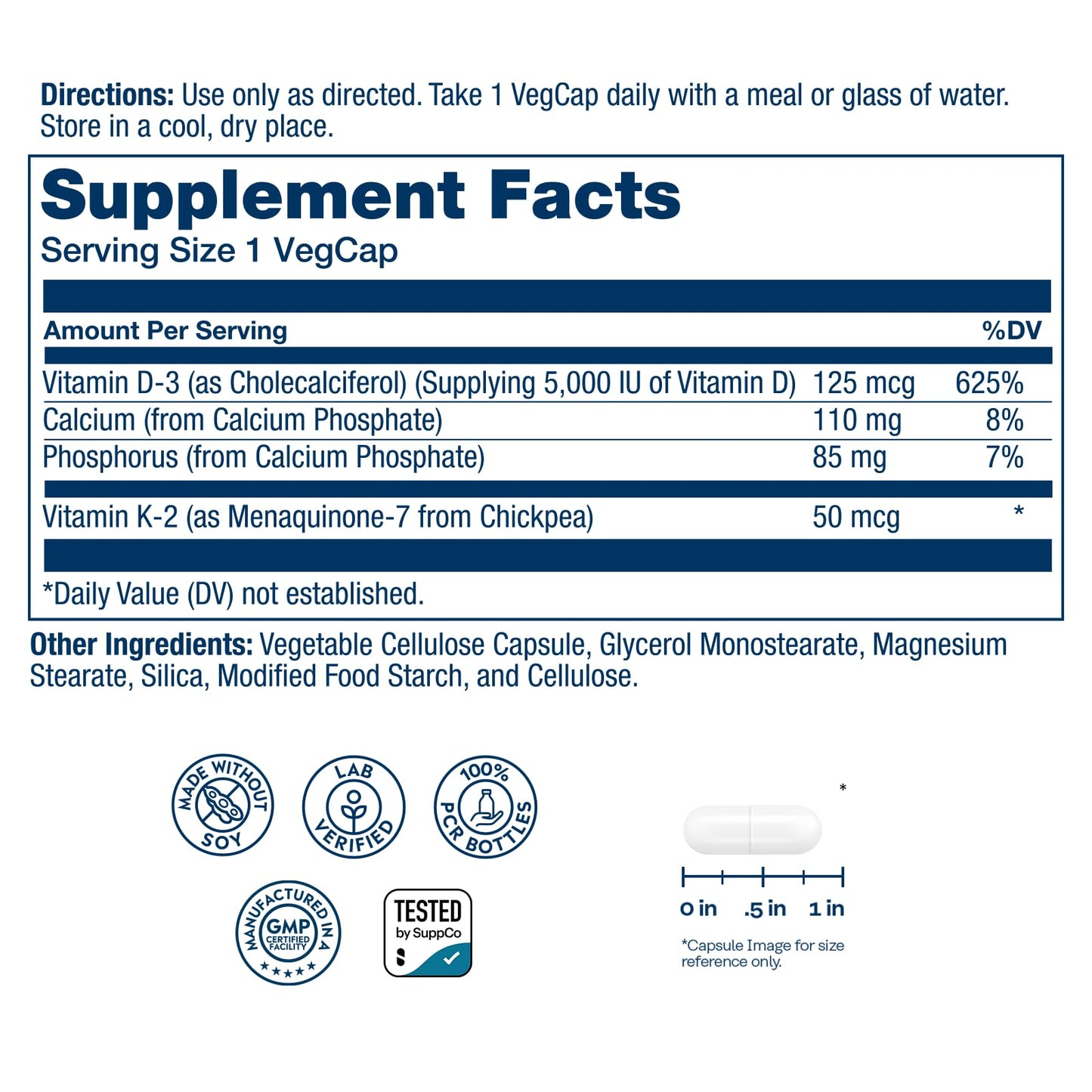 SOLARAY Vitamin D3 K2 - Bone Health and Immune Support Supplement - With 5000 IU Vitamin D as Vit D3 and 50 mcg Vitamin K2 as Menoquinone MK7, Made Without Soy, 60-Day Guarantee, 120 Serv, 120 VegCaps