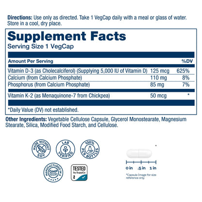 SOLARAY Vitamin D3 K2 - Bone Health and Immune Support Supplement - With 5000 IU Vitamin D as Vit D3 and 50 mcg Vitamin K2 as Menoquinone MK7, Made Without Soy, 60-Day Guarantee, 120 Serv, 120 VegCaps