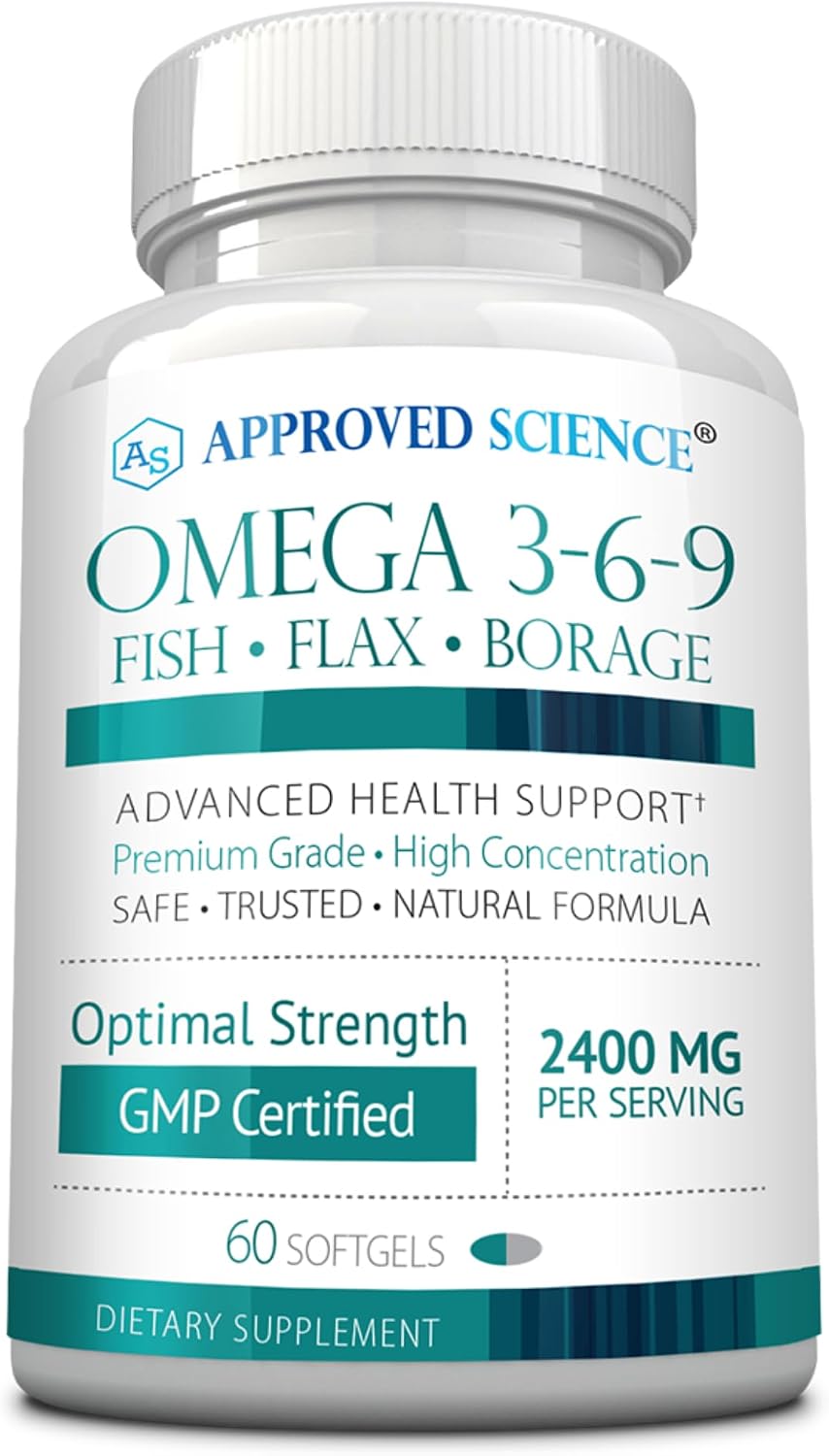 Approved Science Omega 3-6-9-2400mg Daily Blend of Fish, Flaxseed, and Borage Oils with Vitamin E - Wellness Support - Non-GMO, Mercury-Free - 60 Softgels - 1 Month Supply