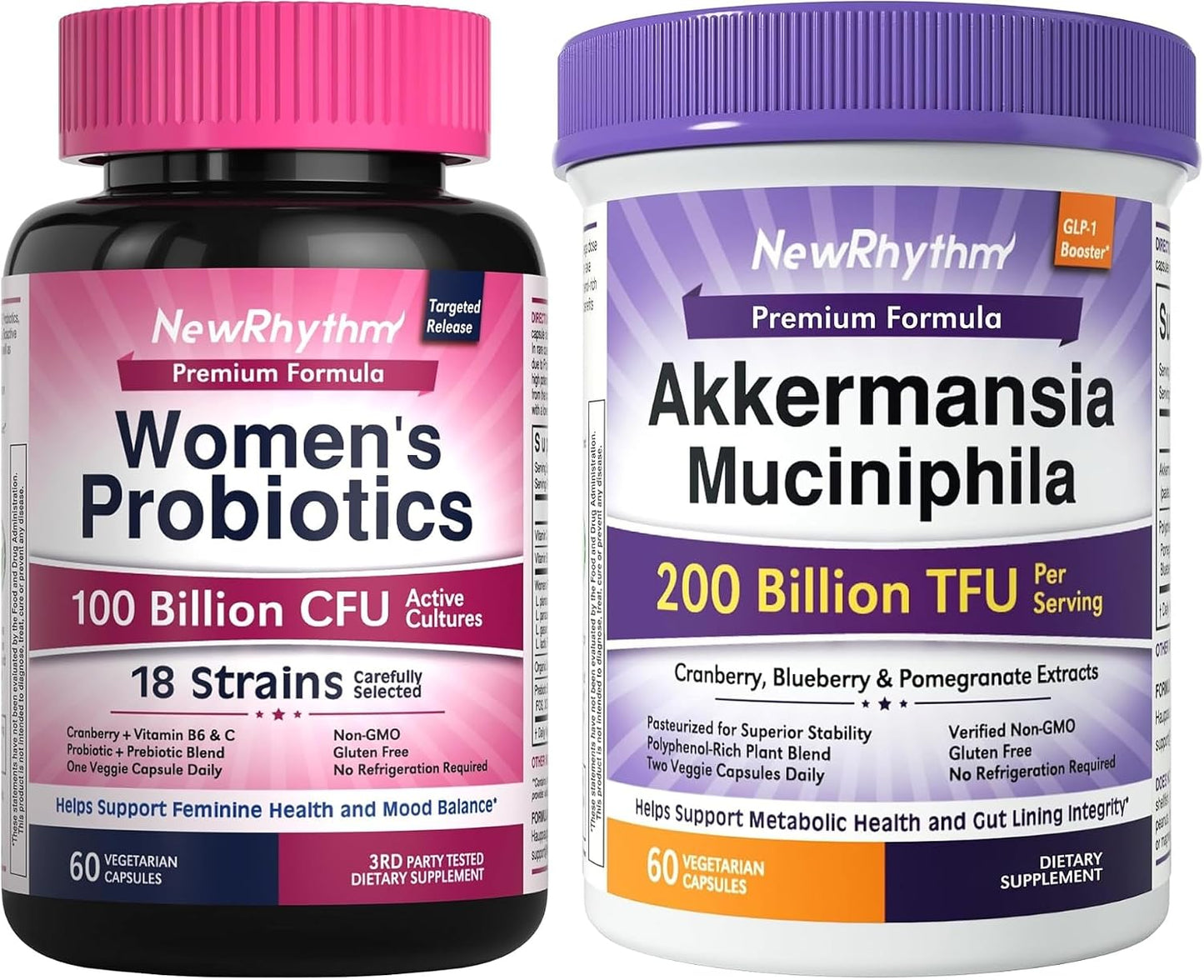 NewRhythm Probiotics for Women 100 Billion for Digestive Health & PH Balance, 60 Capsules and Akkermansia Muciniphila 200B, Naturally Increase GLP-1 Metabolism Booster Gut Lining Repair, 60 Caps