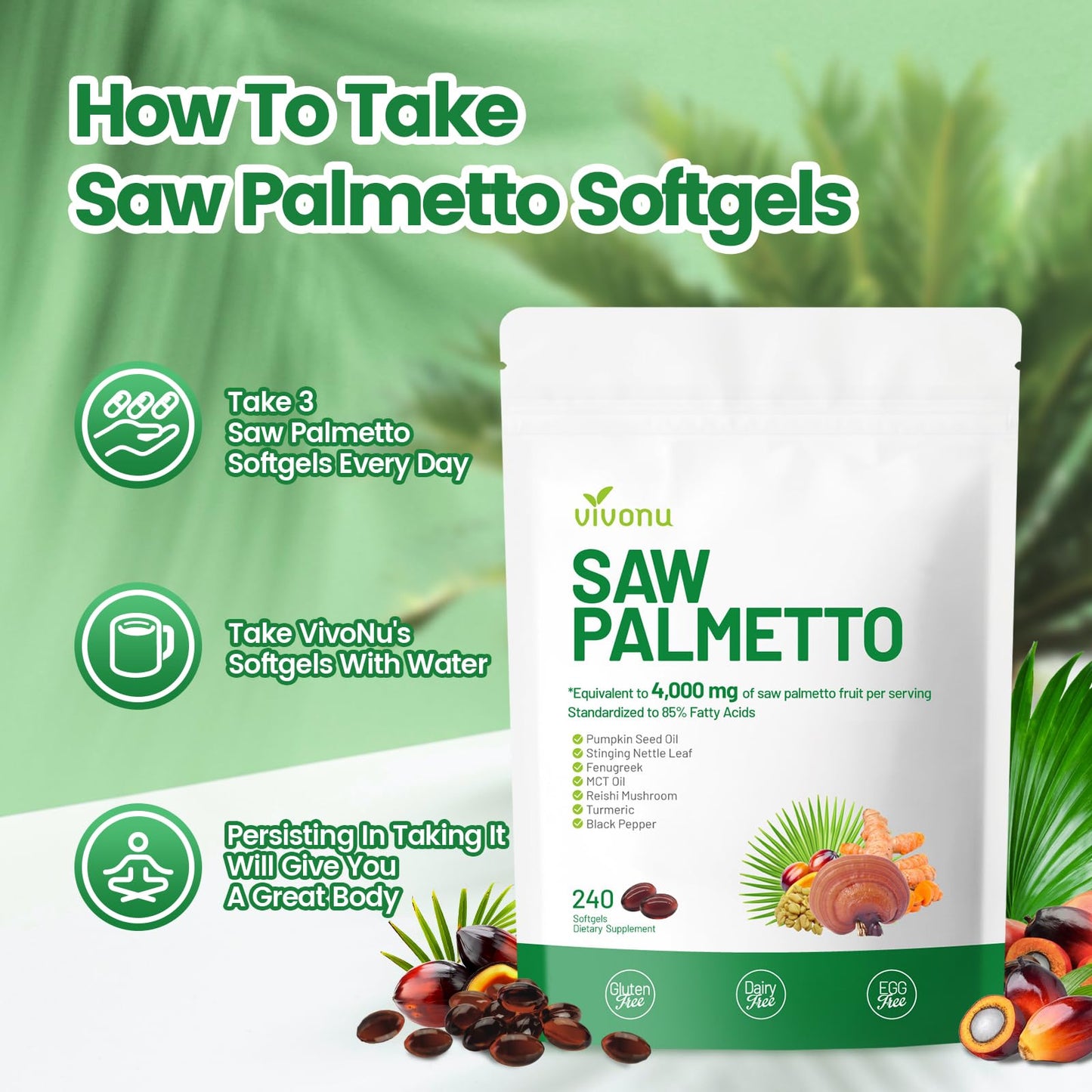 VivoNu Saw Palmetto Capsules Extract 8 in 1, Pumpkin Seed Oil - Supports Prostate Health, Relieves Urination Issues, Supports Hair Growth, DHT Blocker 240 Softgels