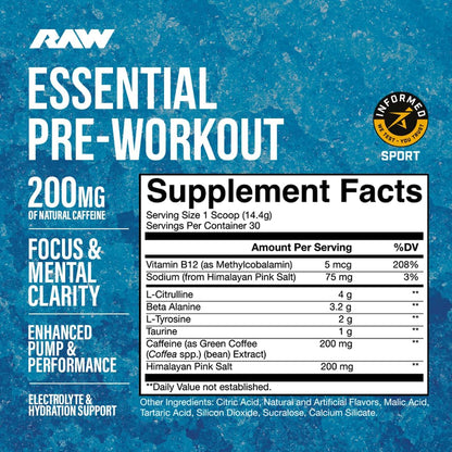 RAW Nutrition - Essential Pre - Chris Bumstead Pre Workout Formula, Sports Nutrition Pre-Workout Powders | Men & Womens Drink, Energy Powder for Working Out (Blue Raspberry)