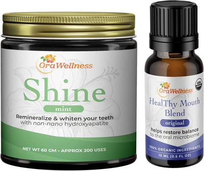 OraWellness Shine Remineralizing Natural Teeth Whitening Powder in Mint + Healthy Mouth Blend Organic Toothpaste & Mouthwash Alternative Tooth Oil