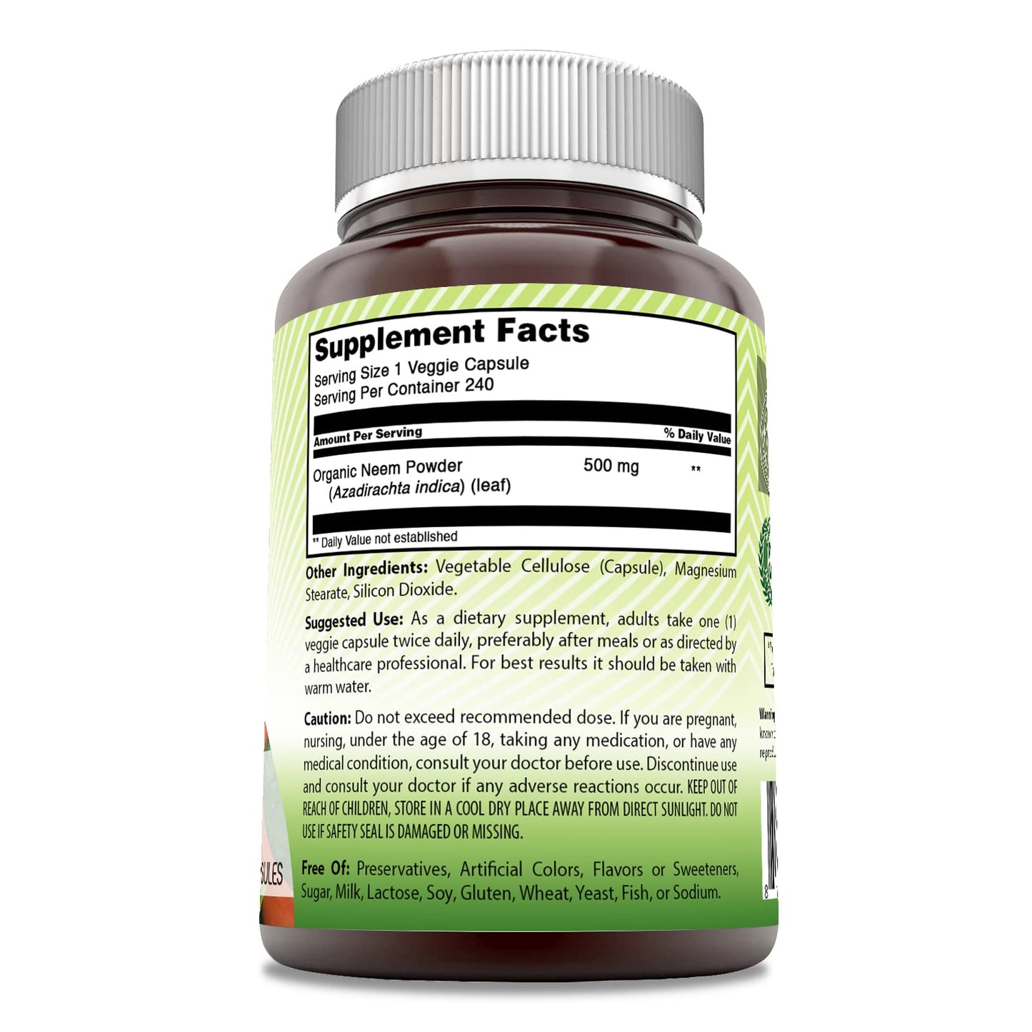 Amazing India Neem (Made with Natural Neem Leaf) 500 mg Veggie Capsules Supplement | Non-GMO | Gluten Free | Made in USA | Suitable for Vegetarians (240)