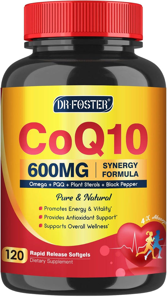 DRFOSTER CoQ10 600 mg Coenzyme Q10 High Potency Supplement, 120 Softgels | CoQ10 For Fertility, Promote Vitality Heart Support, Antioxidant, 4X Absorption Softgels, Omega & PQQ, Non-GMO, Gluten-Free