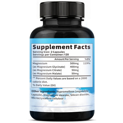 Triple Magnesium Complex for Women and Men, Magnesium Glycinate 400mg, Malate, Citrate, High Absorption Chelated Magnesium Supplement Support Sleep, Muscle, Non-GMO, Gluten Free - 240 Capsules