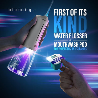 GuruNanda Advanced Dental Water Flosser 3.0 with UV Mode Water Flosser & 24 Aquapods with Mouthwash for Fresh Breath & Plaque Removal, Compact & TSA-Friendly