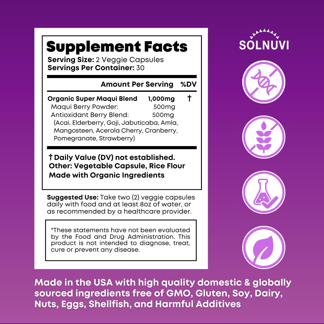 Organic Super Maqui Berry Capsules - Superfood Powder - Elderberry Extract, Cranberry, Pomegranate, Acai - Dry Eye & Tear Support, Gut Health, Skin - 60 Vegan Capsules, Non GMO, Gluten Free Supplement